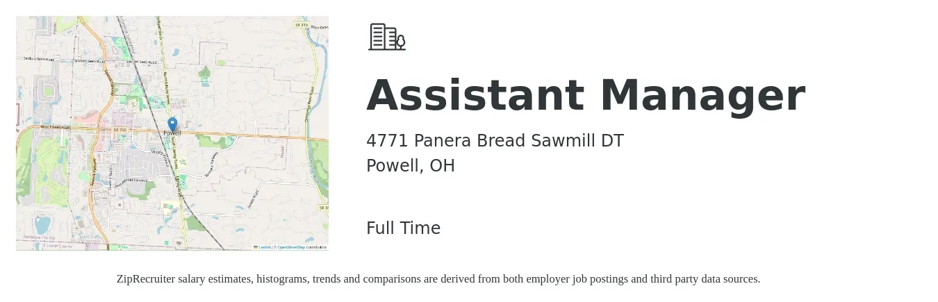 4771 Panera Bread Sawmill DT job posting for a Assistant Manager in Powell, OH with a salary of $16 to $24 Hourly with a map of Powell location.