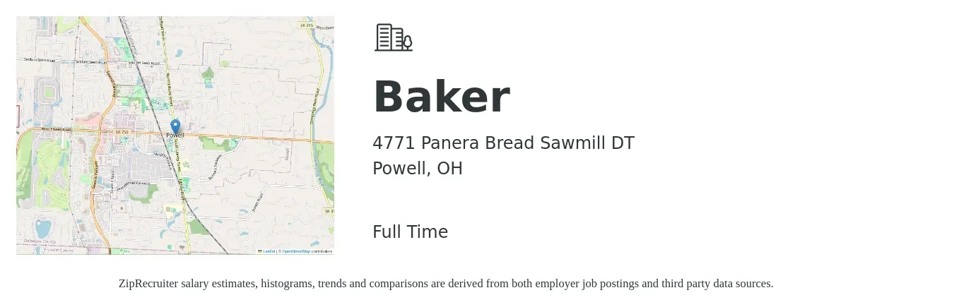 4771 Panera Bread Sawmill DT job posting for a Baker in Powell, OH with a salary of $12 to $16 Hourly with a map of Powell location.