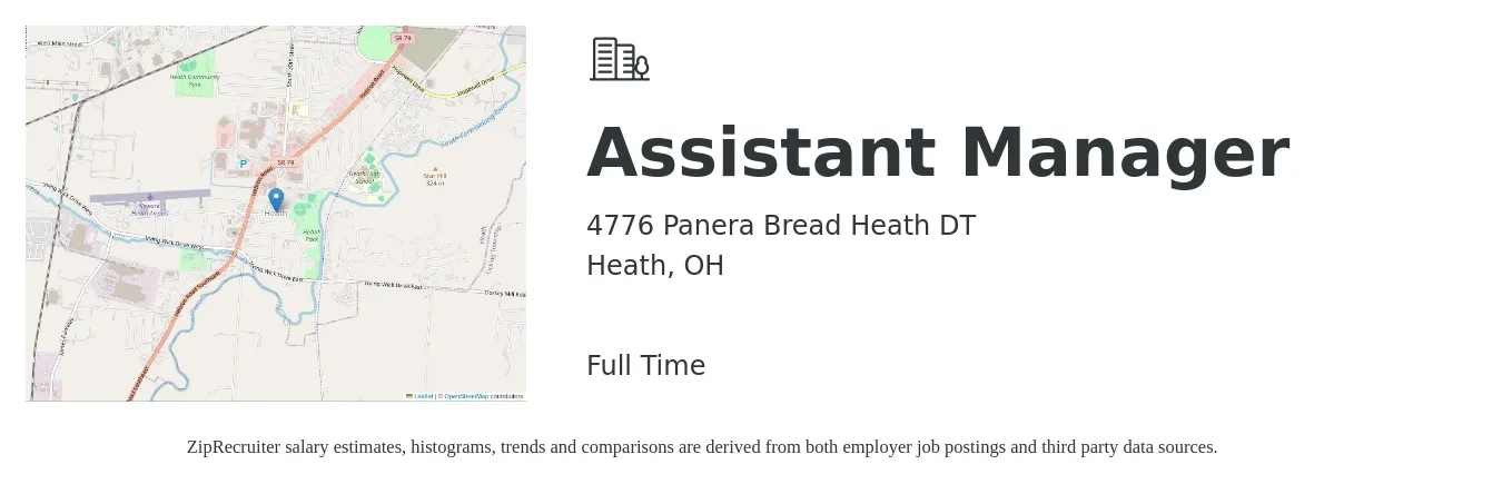 4776 Panera Bread Heath DT job posting for a Assistant Manager in Heath, OH with a salary of $15 to $23 Hourly with a map of Heath location.