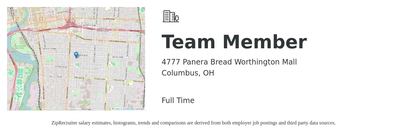 4777 Panera Bread Worthington Mall job posting for a Team Member in Columbus, OH with a salary of $12 to $15 Hourly with a map of Columbus location.