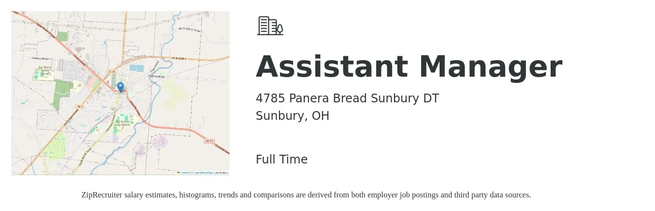 4785 Panera Bread Sunbury DT job posting for a Assistant Manager in Sunbury, OH with a salary of $15 to $23 Hourly with a map of Sunbury location.