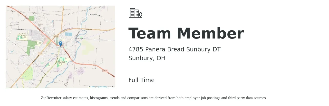 4785 Panera Bread Sunbury DT job posting for a Team Member in Sunbury, OH with a salary of $11 to $14 Hourly with a map of Sunbury location.