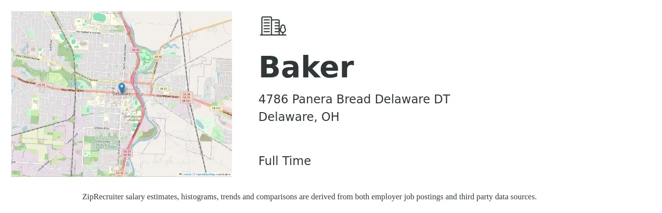 4786 Panera Bread Delaware DT job posting for a Baker in Delaware, OH with a salary of $12 to $16 Hourly with a map of Delaware location.