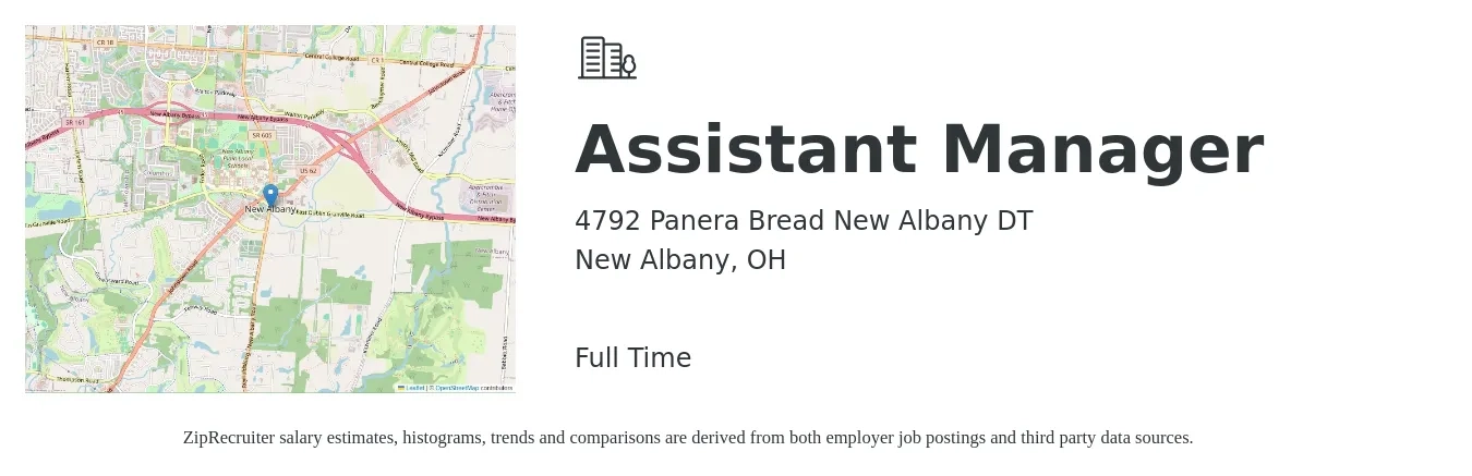 4792 Panera Bread New Albany DT job posting for a Assistant Manager in New Albany, OH with a salary of $16 to $24 Hourly with a map of New Albany location.