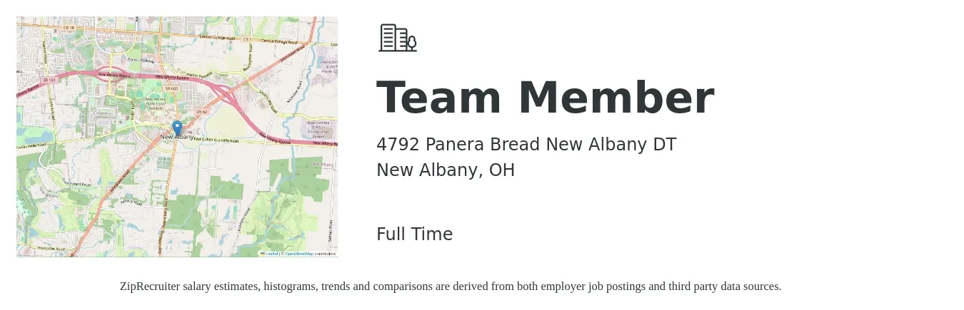 4792 Panera Bread New Albany DT job posting for a Team Member in New Albany, OH with a salary of $12 to $15 Hourly with a map of New Albany location.