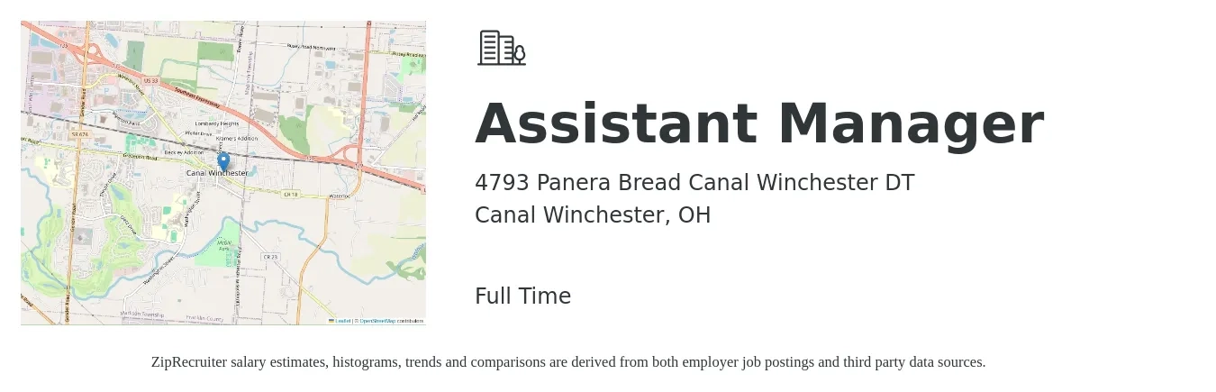 4793 Panera Bread Canal Winchester DT job posting for a Assistant Manager in Canal Winchester, OH with a salary of $16 to $24 Hourly with a map of Canal Winchester location.