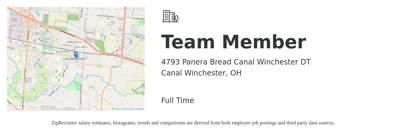 4793 Panera Bread Canal Winchester DT job posting for a Team Member in Canal Winchester, OH with a salary of $12 to $15 Hourly with a map of Canal Winchester location.