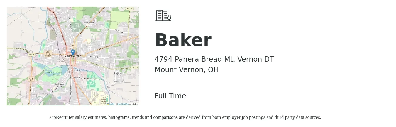 4794 Panera Bread Mt. Vernon DT job posting for a Baker in Mount Vernon, OH with a salary of $11 to $14 Hourly with a map of Mount Vernon location.