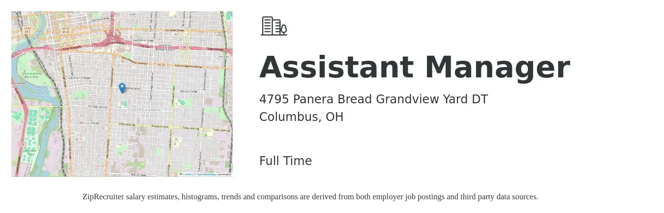 4795 Panera Bread Grandview Yard DT job posting for a Assistant Manager in Columbus, OH with a salary of $16 to $24 Hourly with a map of Columbus location.
