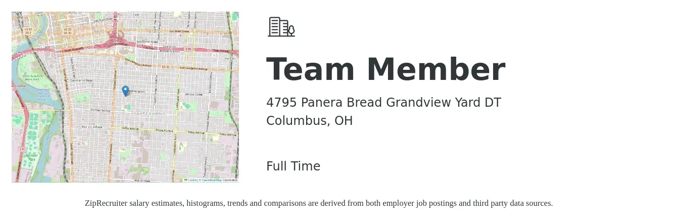 4795 Panera Bread Grandview Yard DT job posting for a Team Member in Columbus, OH with a salary of $12 to $15 Hourly with a map of Columbus location.