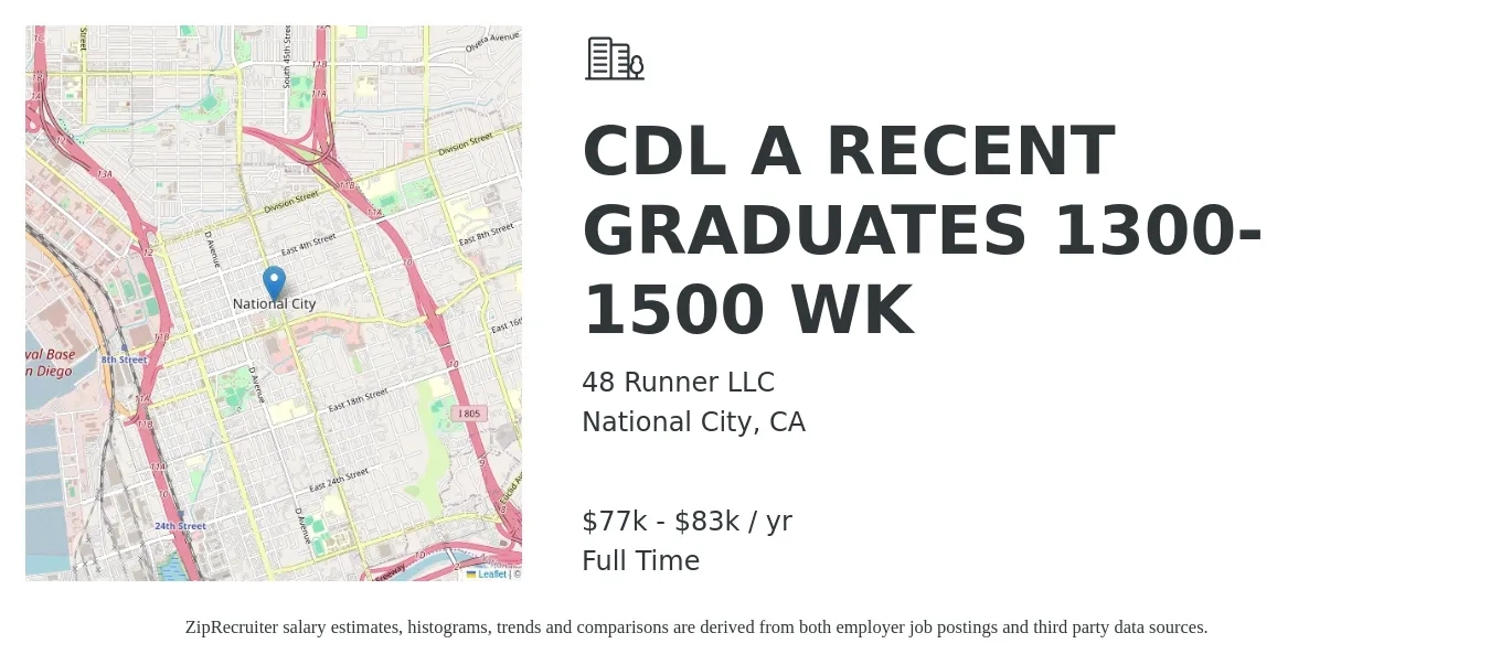 48 Runner LLC job posting for a CDL A RECENT GRADUATES 1300-1500 WK in National City, CA with a salary of $77,789 to $83,273 Yearly with a map of National City location.