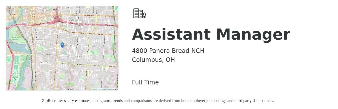 4800 Panera Bread NCH job posting for a Assistant Manager in Columbus, OH with a salary of $16 to $24 Hourly with a map of Columbus location.