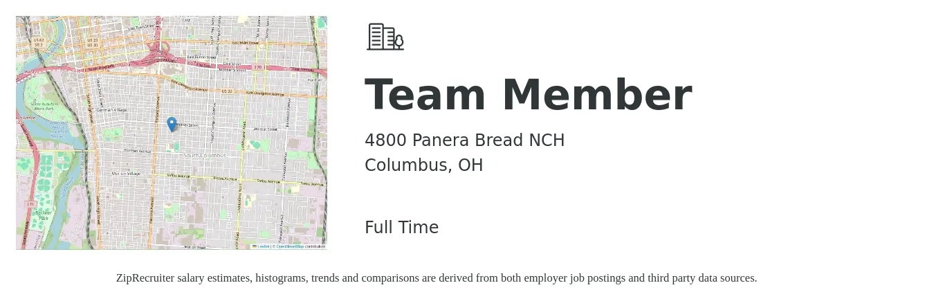 4800 Panera Bread NCH job posting for a Team Member in Columbus, OH with a salary of $12 to $15 Hourly with a map of Columbus location.