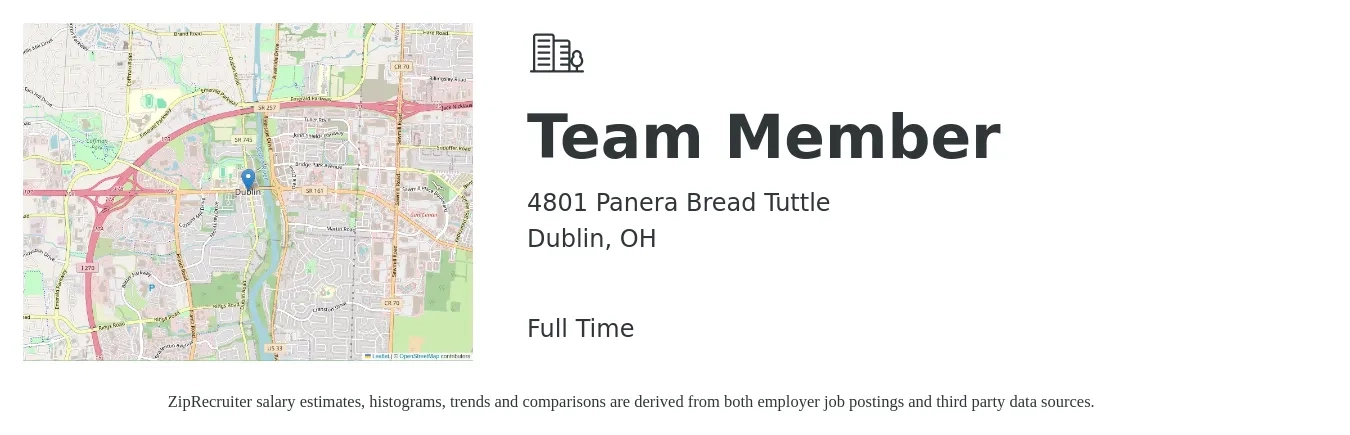 4801 Panera Bread Tuttle job posting for a Team Member in Dublin, OH with a salary of $12 to $15 Hourly with a map of Dublin location.