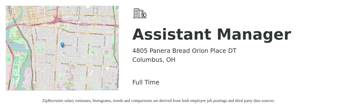 4805 Panera Bread Orion Place DT job posting for a Assistant Manager in Columbus, OH with a salary of $15 to $24 Hourly with a map of Columbus location.