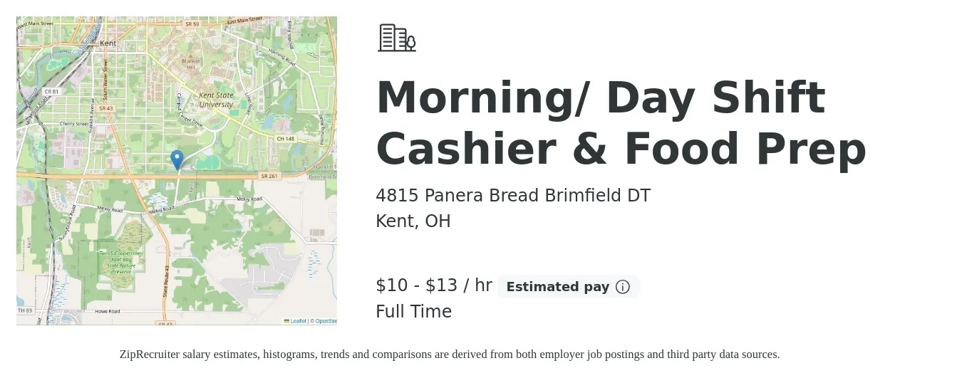 4815 Panera Bread Brimfield DT job posting for a Morning/ Day Shift Cashier & Food Prep in Kent, OH with a salary of $11 to $14 Hourly with a map of Kent location.
