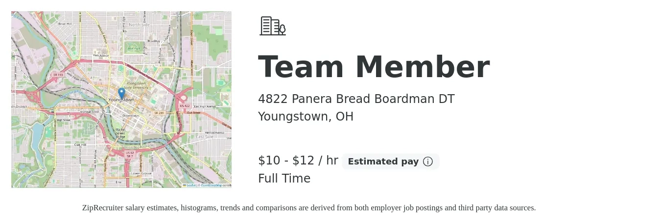 4822 Panera Bread Boardman DT job posting for a Team Member in Youngstown, OH with a salary of $11 to $13 Hourly with a map of Youngstown location.