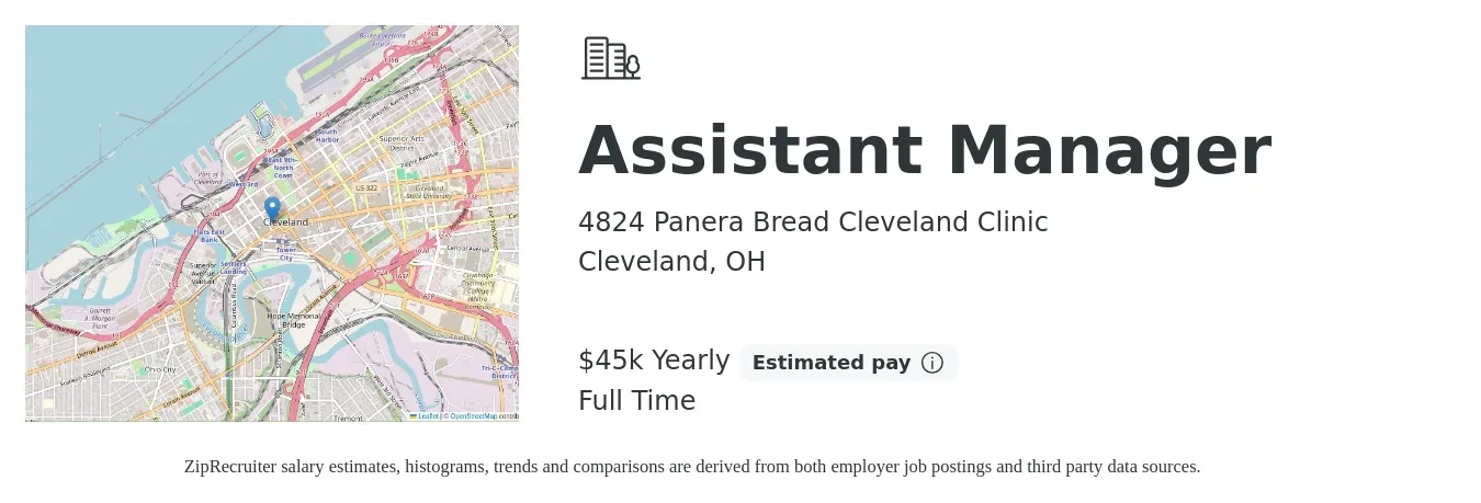 4824 Panera Bread Cleveland Clinic job posting for a Assistant Manager in Cleveland, OH with a salary of $45,000 Yearly with a map of Cleveland location.