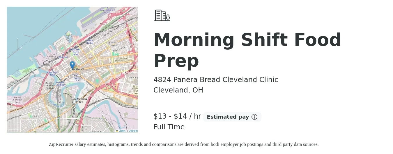 4824 Panera Bread Cleveland Clinic job posting for a Morning Shift Food Prep in Cleveland, OH with a salary of $14 to $15 Hourly with a map of Cleveland location.