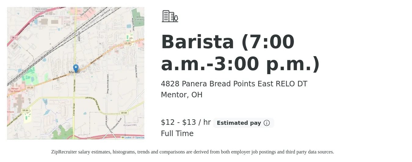 4828 Panera Bread Points East RELO DT job posting for a Barista (7:00 a.m.-3:00 p.m.) in Mentor, OH with a salary of $13 to $14 Hourly with a map of Mentor location.