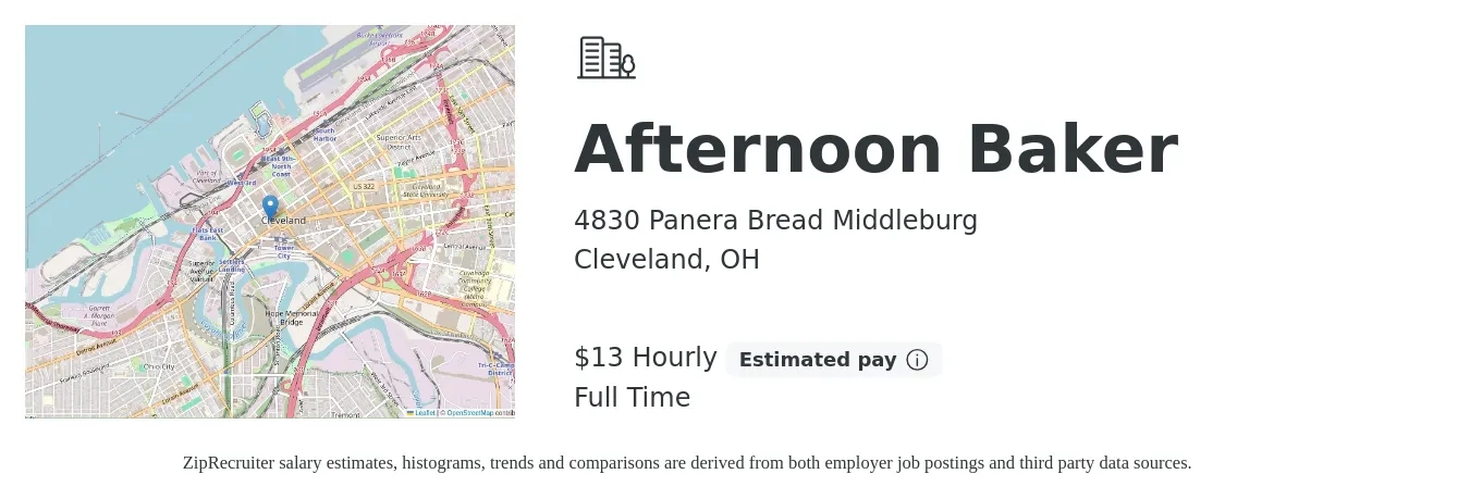 4830 Panera Bread Middleburg job posting for a Afternoon Baker in Cleveland, OH with a salary of $14 Hourly with a map of Cleveland location.