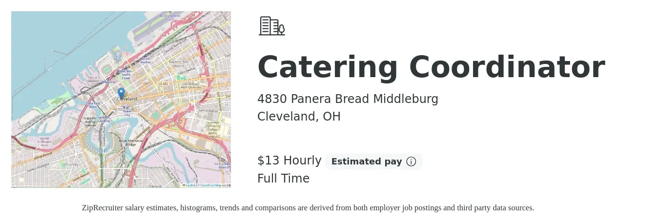 4830 Panera Bread Middleburg job posting for a Catering Coordinator in Cleveland, OH with a salary of $14 Hourly with a map of Cleveland location.