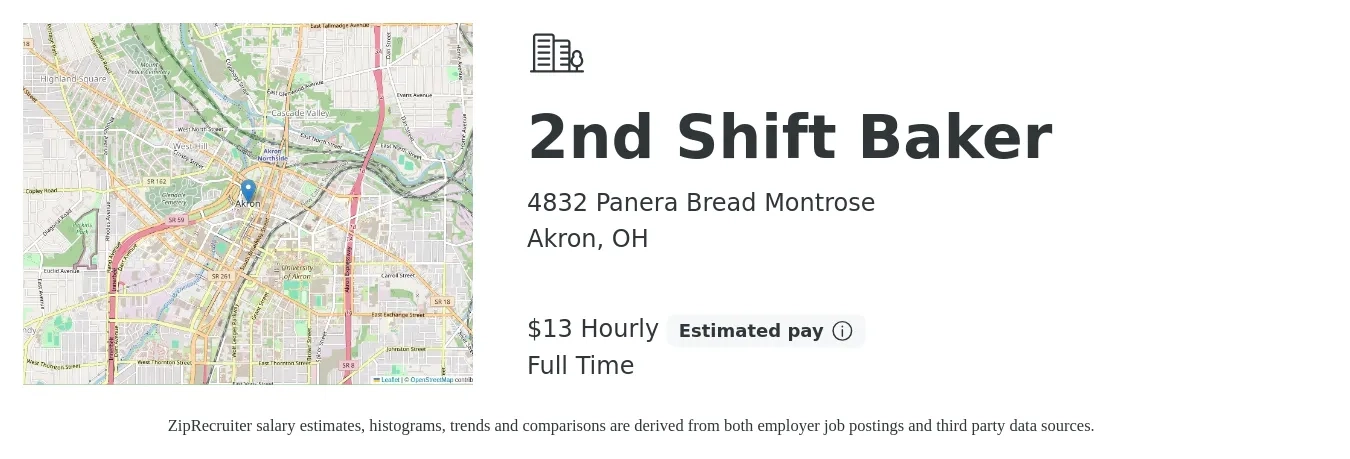 4832 Panera Bread Montrose job posting for a 2nd Shift Baker in Akron, OH with a salary of $14 Hourly with a map of Akron location.