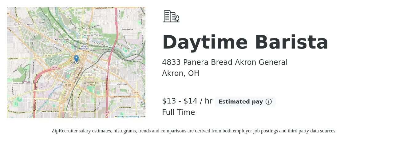 4833 Panera Bread Akron General job posting for a Daytime Barista in Akron, OH with a salary of $14 to $15 Hourly with a map of Akron location.