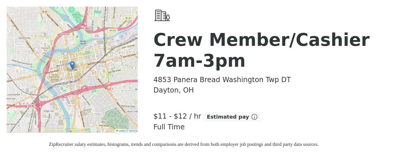 4853 Panera Bread Washington Twp DT job posting for a Crew Member/Cashier 7am-3pm in Dayton, OH with a salary of $12 to $13 Hourly with a map of Dayton location.
