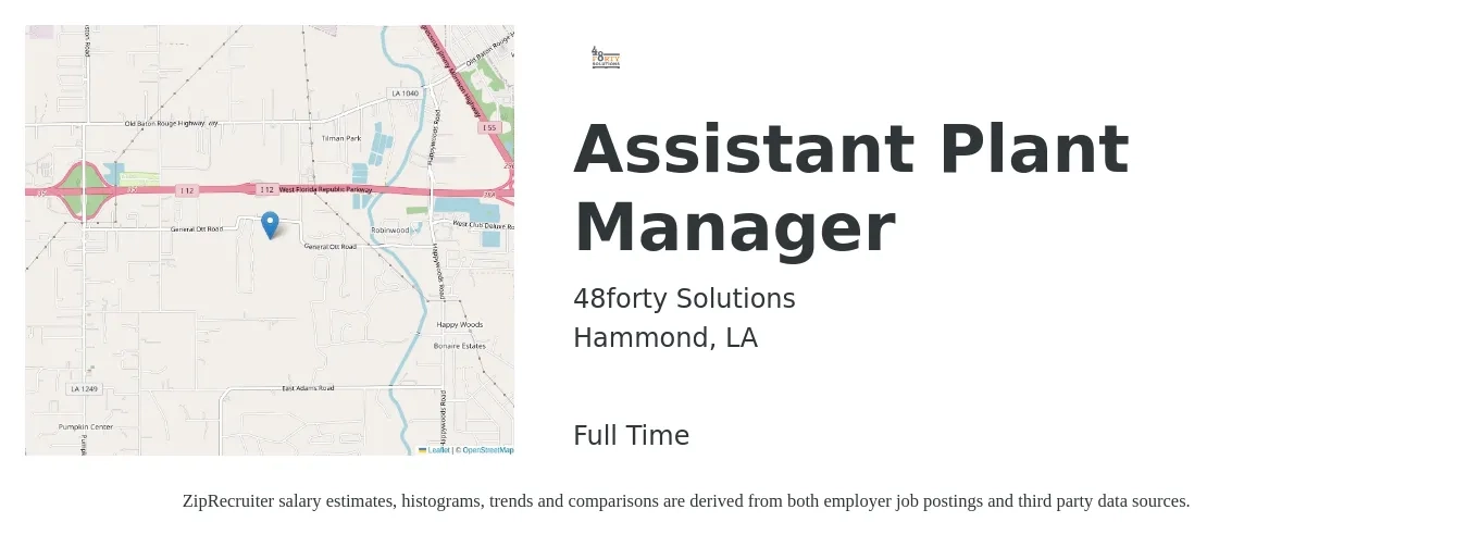 48forty Solutions job posting for a Assistant Plant Manager in Hammond, LA with a salary of $49,500 to $83,700 Yearly with a map of Hammond location.