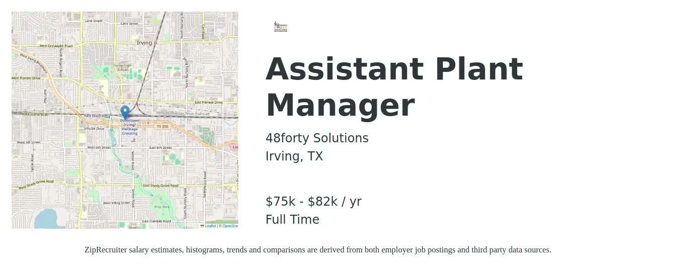 48forty Solutions job posting for a Assistant Plant Manager in Irving, TX with a salary of $57,600 to $97,500 Yearly with a map of Irving location.