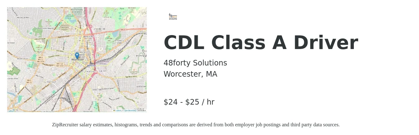 48forty Solutions job posting for a CDL Class A Driver in Worcester, MA with a salary of $25 to $27 Hourly with a map of Worcester location.