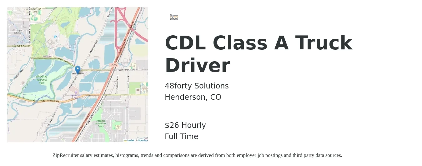 48forty Solutions job posting for a CDL Class A Truck Driver in Henderson, CO with a salary of $28 Hourly with a map of Henderson location.