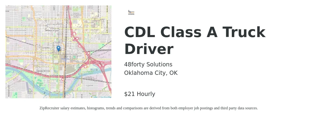 48forty Solutions job posting for a CDL Class A Truck Driver in Oklahoma City, OK with a salary of $22 Hourly with a map of Oklahoma City location.