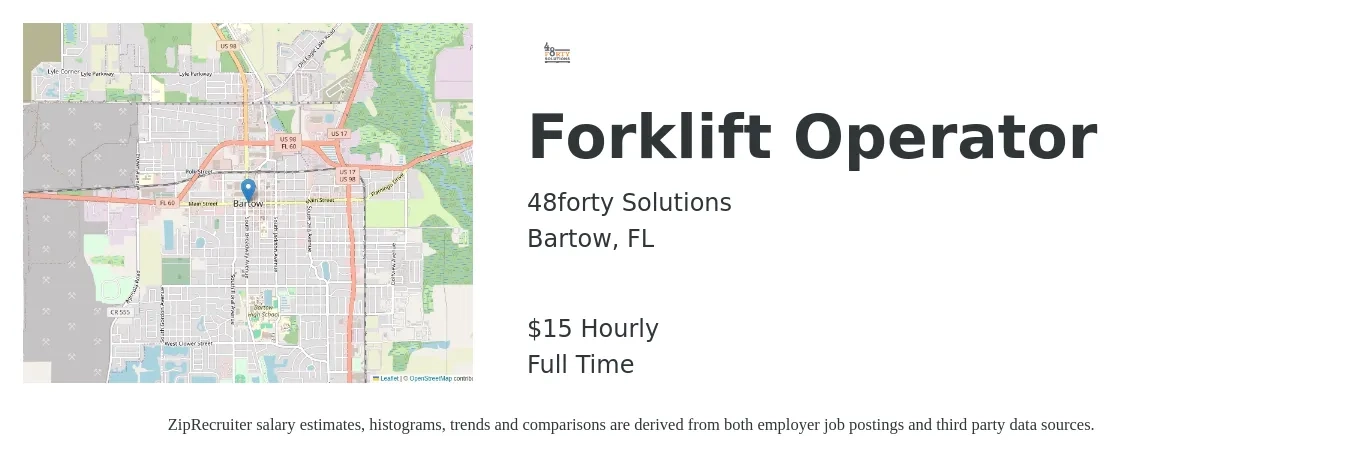 48forty Solutions job posting for a Forklift Operator in Bartow, FL with a salary of $16 Hourly with a map of Bartow location.