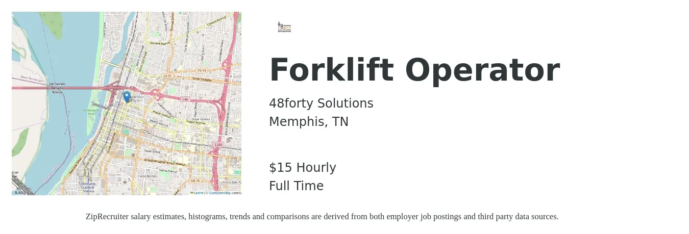 48forty Solutions job posting for a Forklift Operator in Memphis, TN with a salary of $16 Hourly with a map of Memphis location.