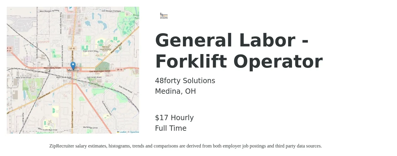 48forty Solutions job posting for a General Labor - Forklift Operator in Medina, OH with a salary of $18 Hourly with a map of Medina location.