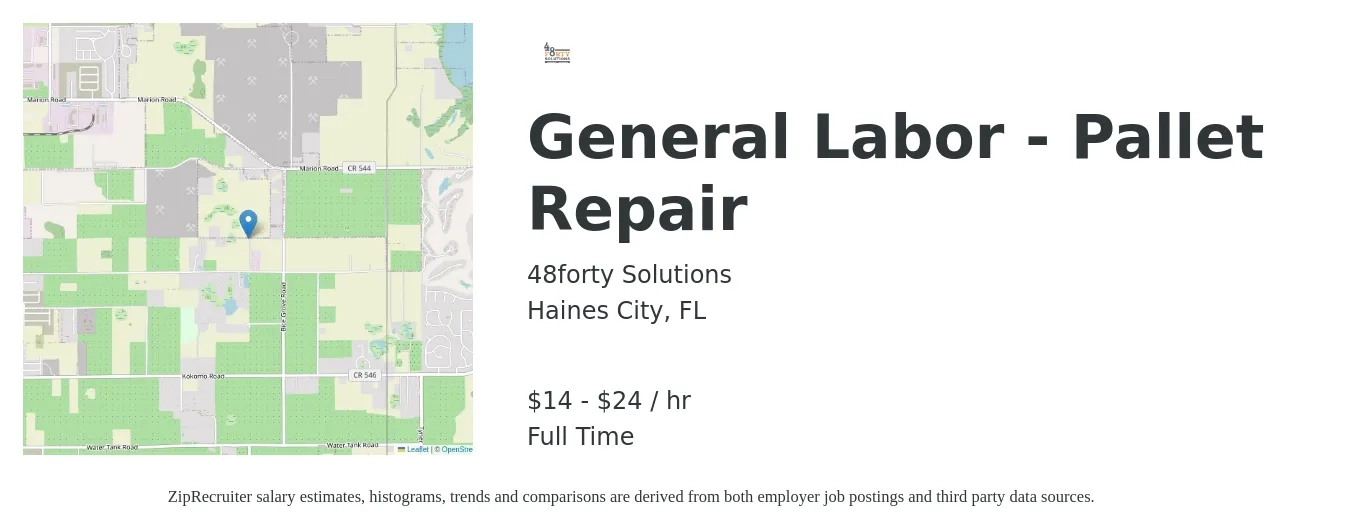 48forty Solutions job posting for a General Labor - Pallet Repair in Haines City, FL with a salary of $17 to $25 Hourly with a map of Haines City location.