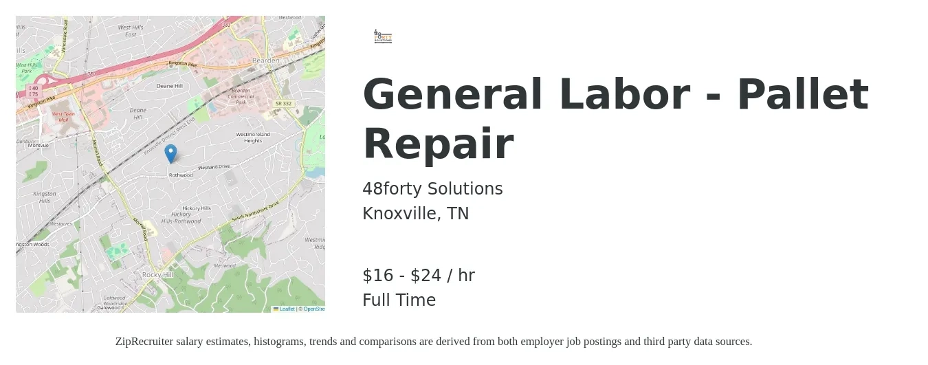 48forty Solutions job posting for a General Labor - Pallet Repair in Knoxville, TN with a salary of $17 to $25 Hourly with a map of Knoxville location.