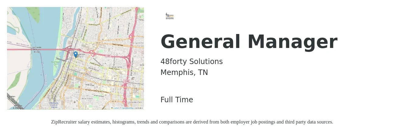 48forty Solutions job posting for a General Manager in Memphis, TN with a salary of $48,100 to $71,900 Yearly with a map of Memphis location.