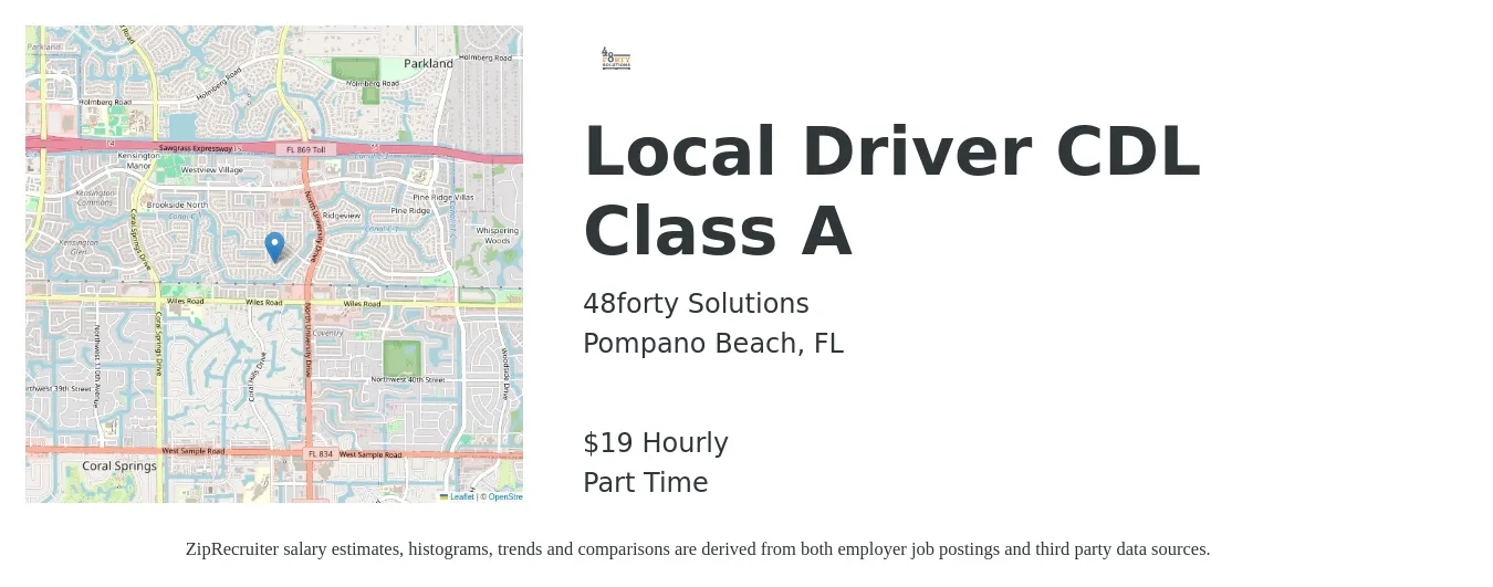 48forty Solutions job posting for a Local Driver CDL Class A in Pompano Beach, FL with a salary of $20 Hourly with a map of Pompano Beach location.