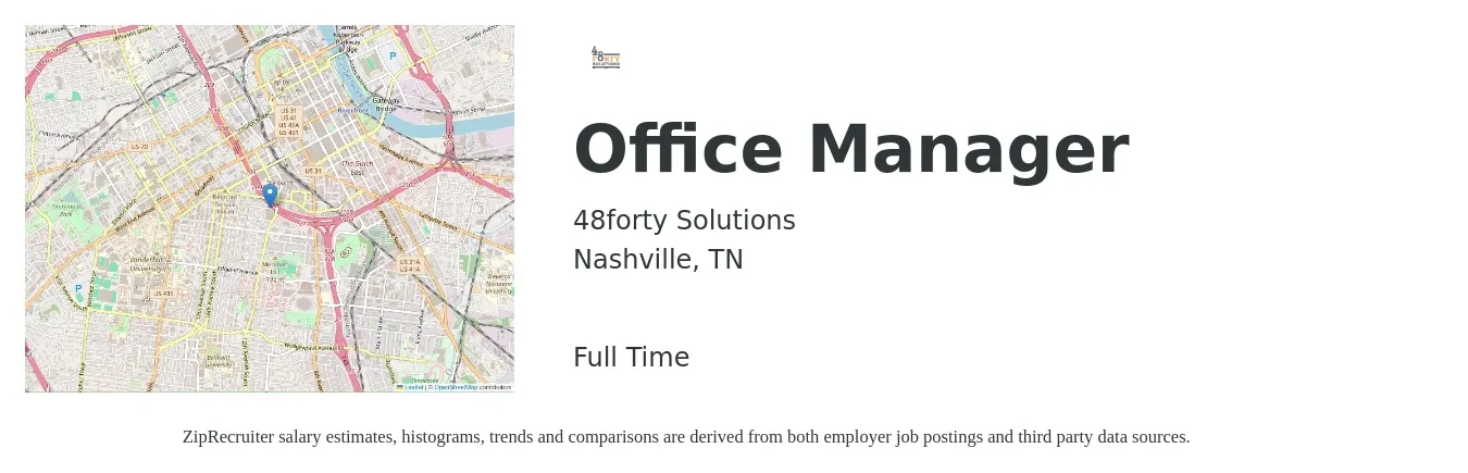 48forty Solutions job posting for a Office Manager in Nashville, TN with a salary of $38,600 to $57,000 Yearly with a map of Nashville location.