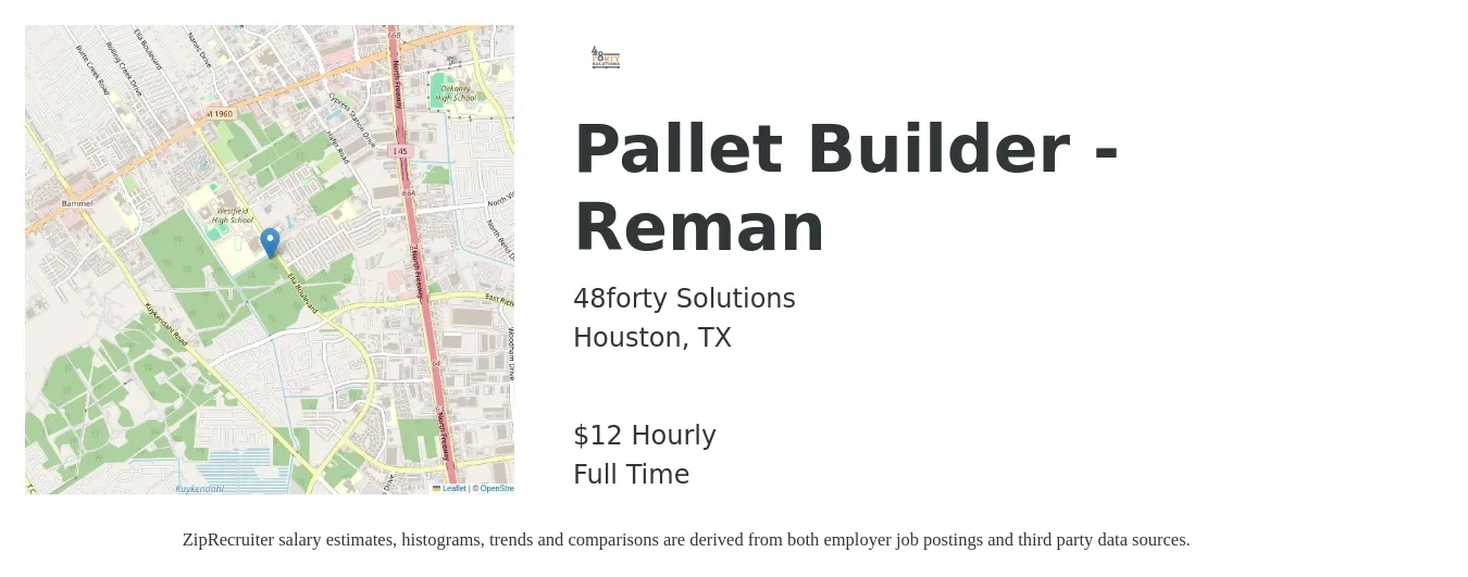 48forty Solutions job posting for a Pallet Builder - Reman in Houston, TX with a salary of $13 Hourly with a map of Houston location.