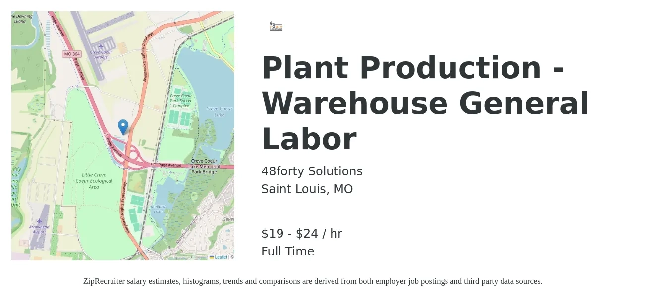 48forty Solutions job posting for a Plant Production - Warehouse General Labor in Saint Louis, MO with a salary of $20 to $25 Hourly with a map of Saint Louis location.