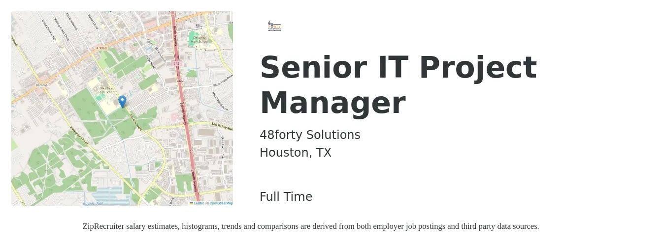 48forty Solutions job posting for a Senior IT Project Manager in Houston, TX with a salary of $125,100 to $125,600 Yearly with a map of Houston location.