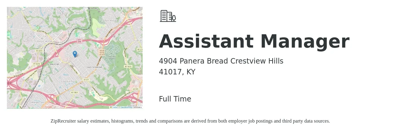 4904 Panera Bread Crestview Hills job posting for a Assistant Manager in 41017, KY with a salary of $15 to $24 Hourly with a map of 41017 location.
