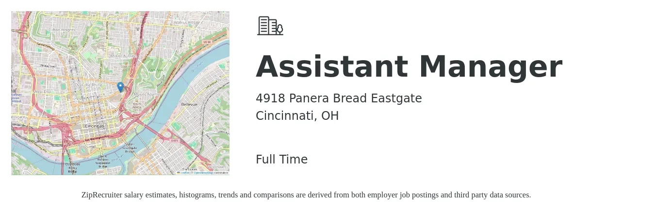 4918 Panera Bread Eastgate job posting for a Assistant Manager in Cincinnati, OH with a salary of $16 to $24 Hourly with a map of Cincinnati location.