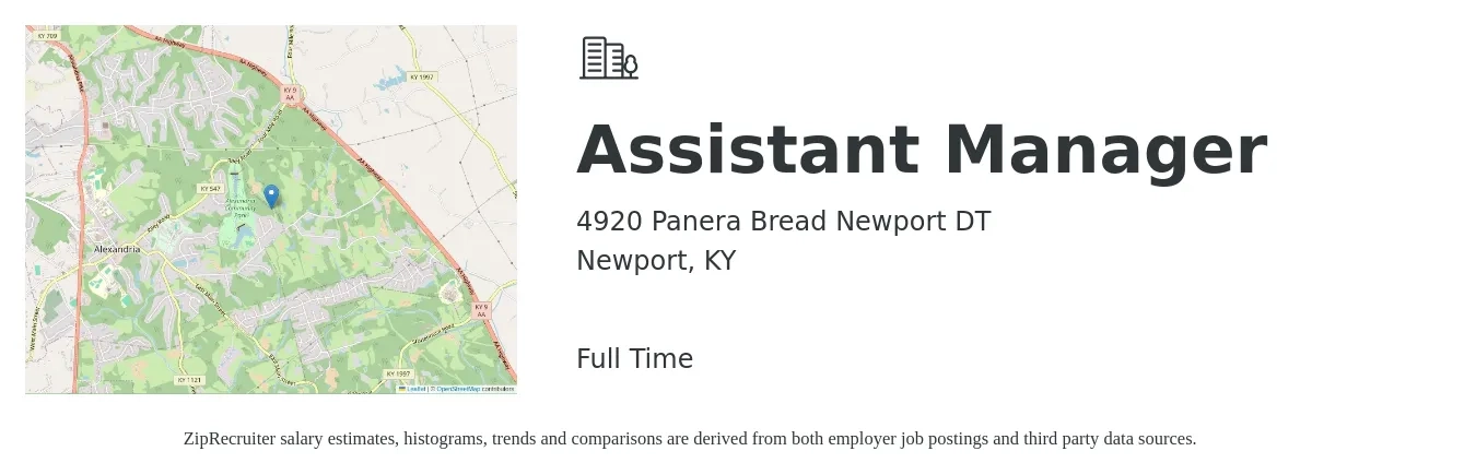 4920 Panera Bread Newport DT job posting for a Assistant Manager in Newport, KY with a salary of $16 to $24 Hourly with a map of Newport location.