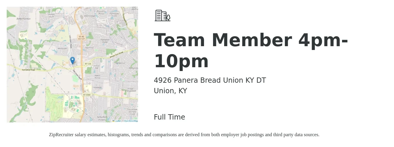 4926 Panera Bread Union KY DT job posting for a Team Member 4pm-10pm in Union, KY with a salary of $11 to $14 Hourly with a map of Union location.