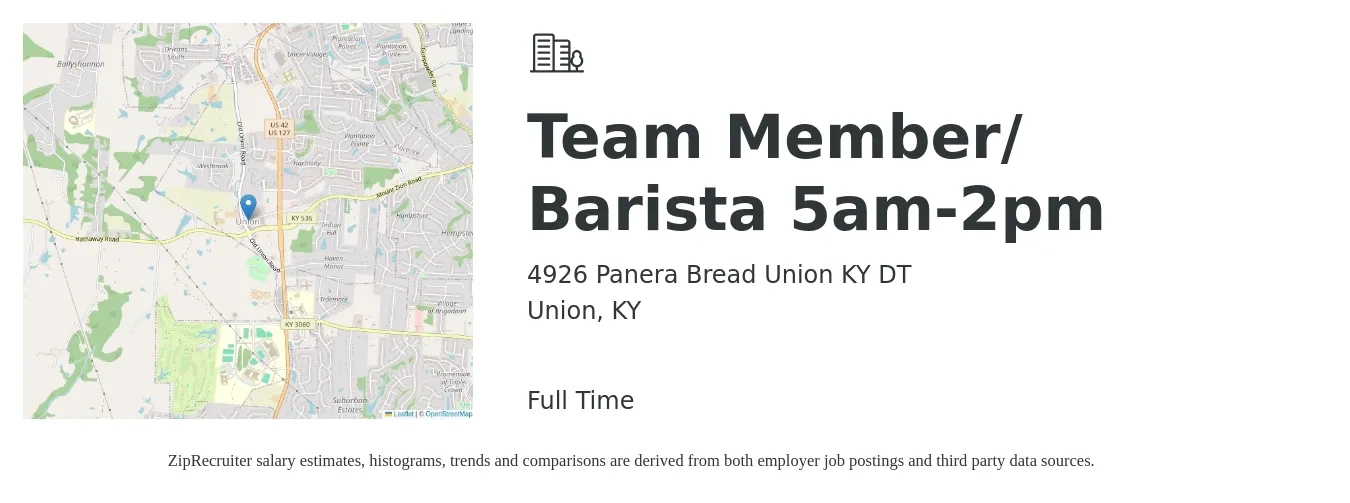 4926 Panera Bread Union KY DT job posting for a Team Member/ Barista 5am-2pm in Union, KY with a salary of $14 to $16 Hourly with a map of Union location.